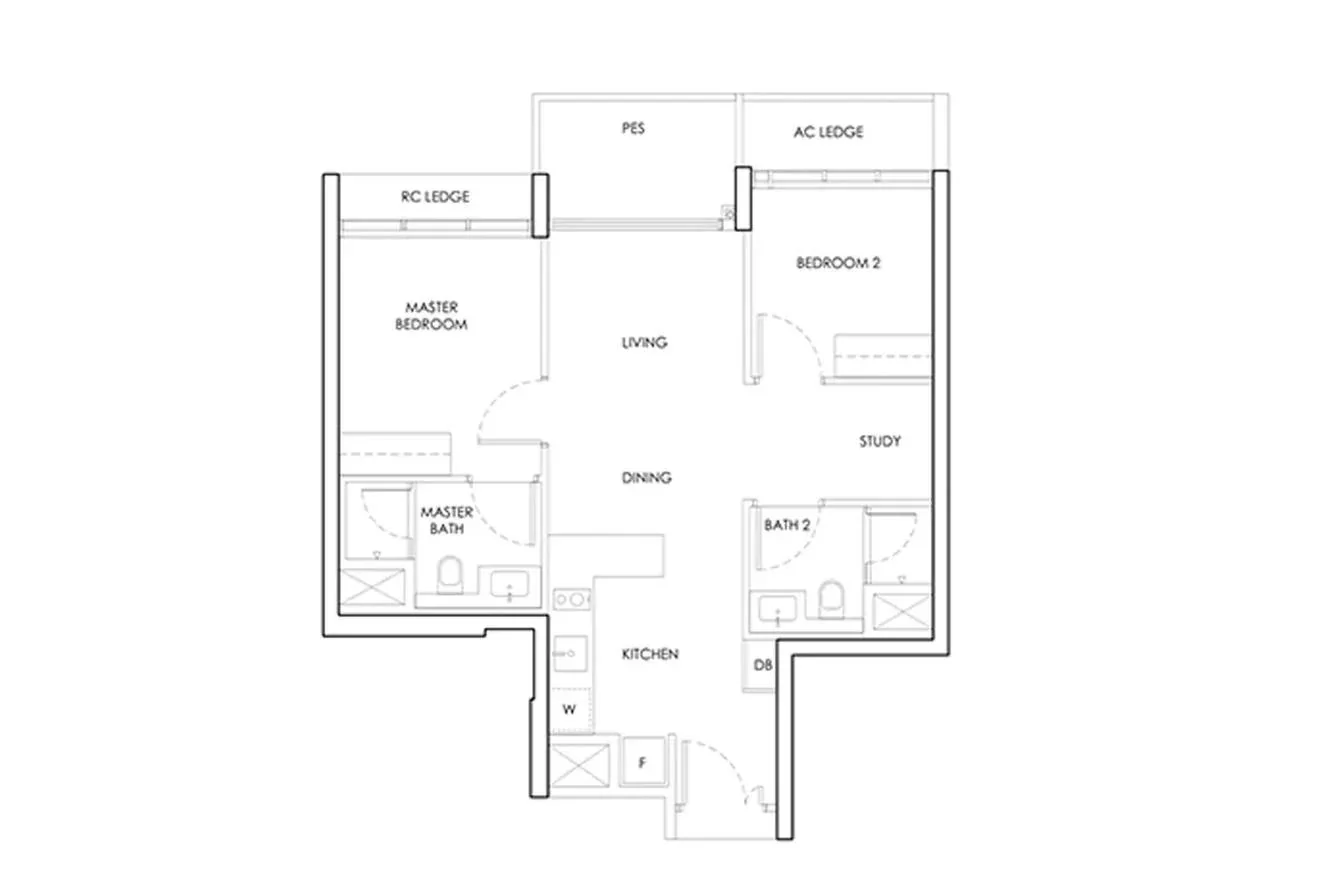 Indicative 2-bedroom plus study layout shown for reference, not the official New Upper Changi Road Residences floor plan