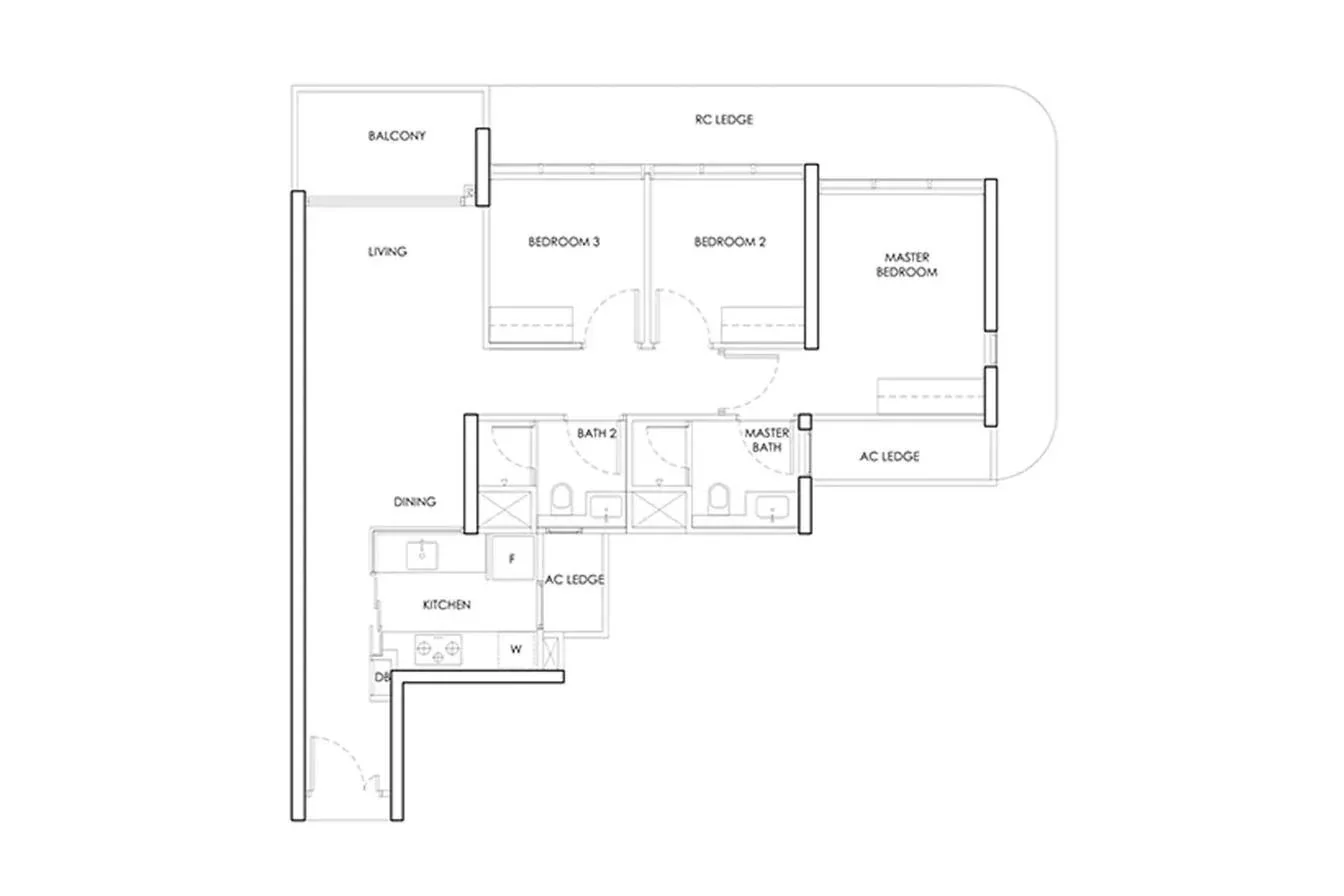 Indicative 3-bedroom layout shown for reference, not the official New Upper Changi Road Residences floor plan