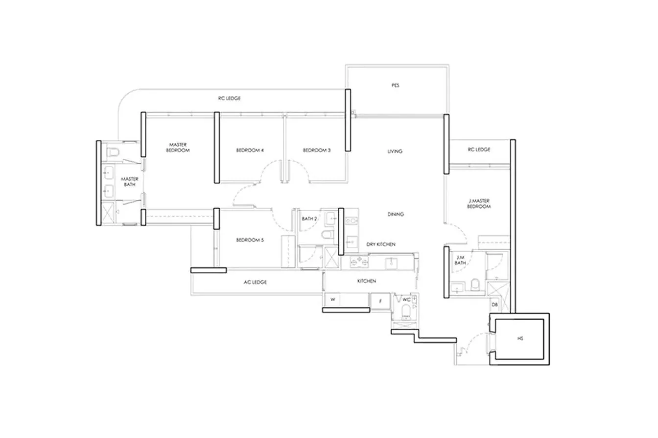 Indicative 5-bedroom layout with dry kitchen shown for reference, not the official New Upper Changi Road Residences floor plan