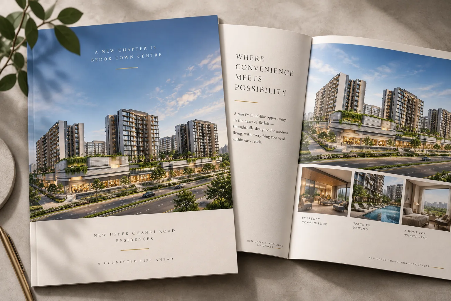 New Upper Changi Road Residences e-brochure preview showing the cover and an inside spread with the Bedok town centre towers