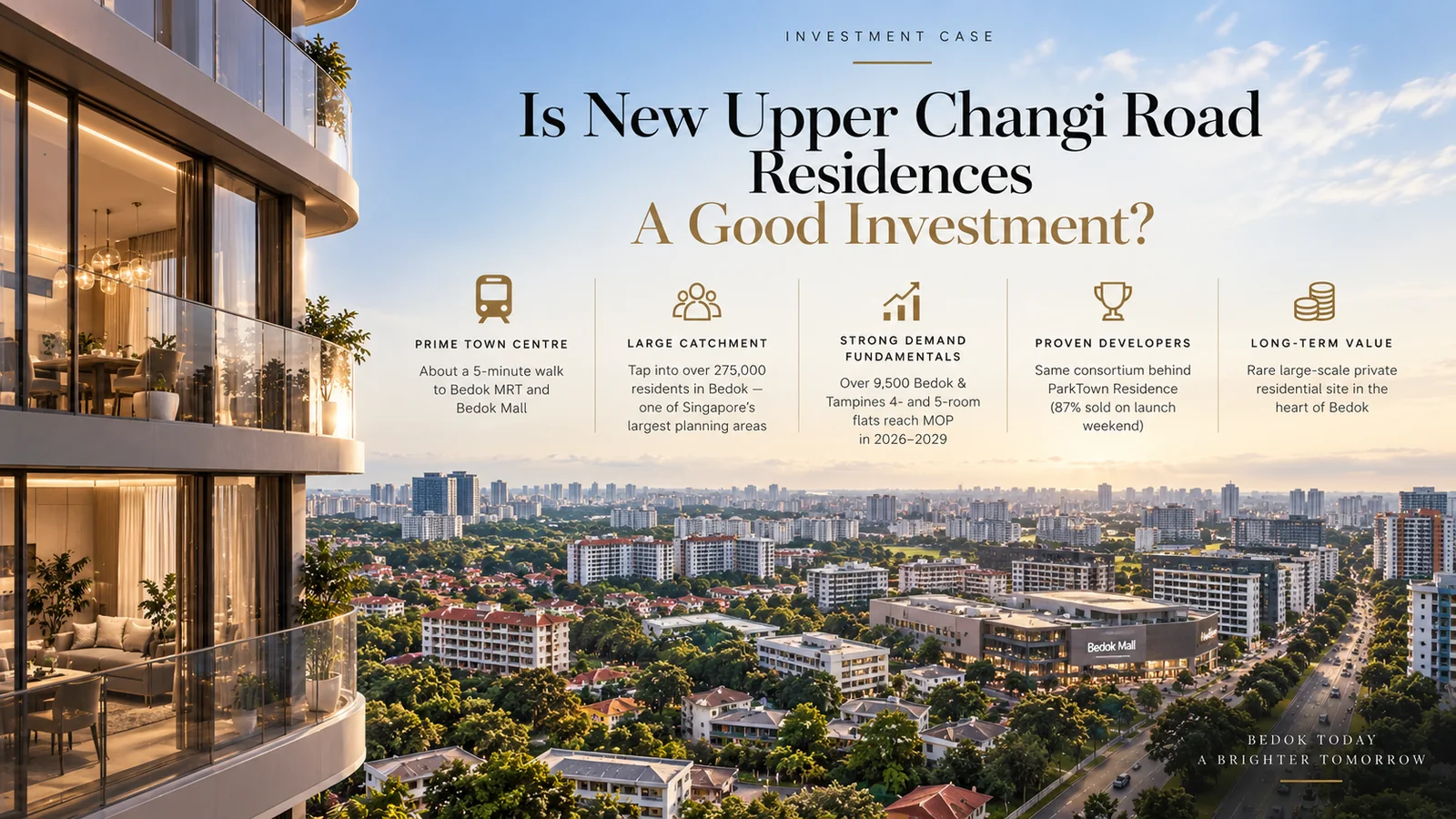 Is New Upper Changi Road Residences a good investment: town centre about a five-minute walk to Bedok MRT and Bedok Mall, a large Bedok catchment, over 9,500 Bedok and Tampines flats reaching MOP in 2026 to 2029, and the ParkTown Residence developers