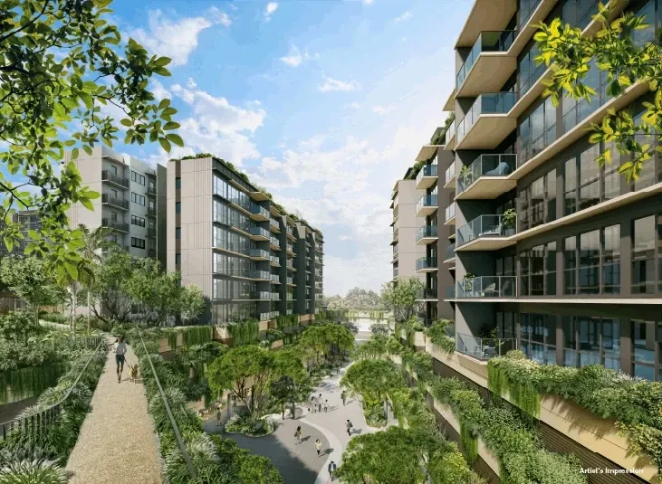 Artist's impression of a landscaped garden deck and walking path between residential blocks, illustrative of New Upper Changi Road Residences in Bedok