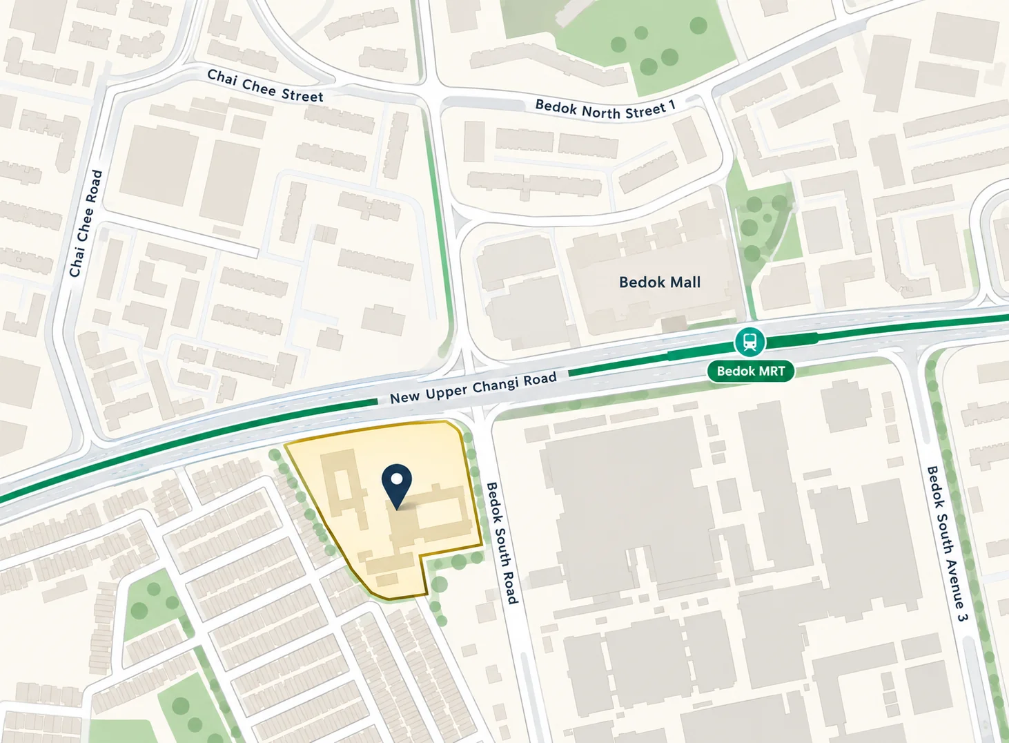 Location map of New Upper Changi Road Residences at New Upper Changi Road and Bedok South Road, with Bedok Mall and Bedok MRT across the road to the north-east