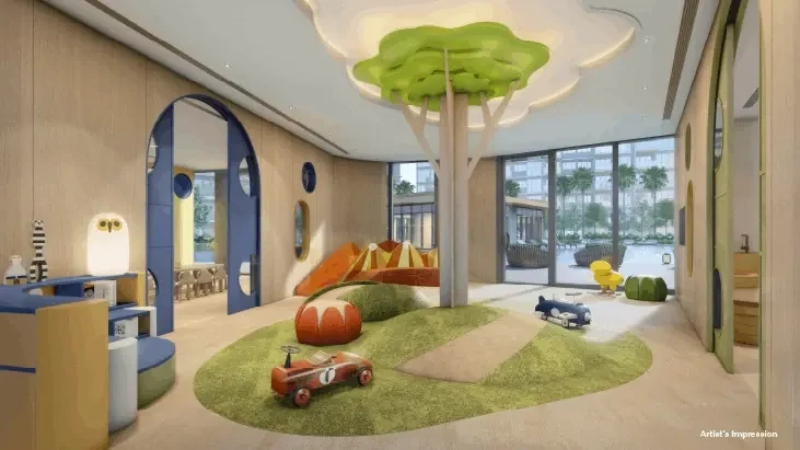 Artist's impression of an indoor children's play room with a tree feature, illustrating the kind of facility seen in recent condo launches
