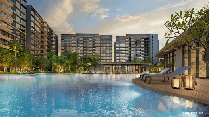 Artist's impression of a resort-style pool with sun deck and residential blocks behind, illustrating the kind of facilities planned at New Upper Changi Road Residences